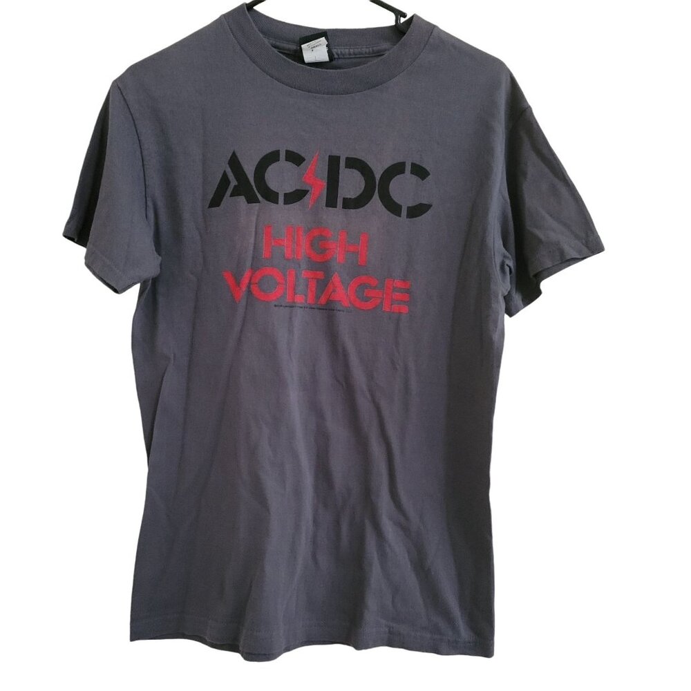 AC DC High Voltage T-Shirt Mens Size Small Band Tee Gray Short Sleeve